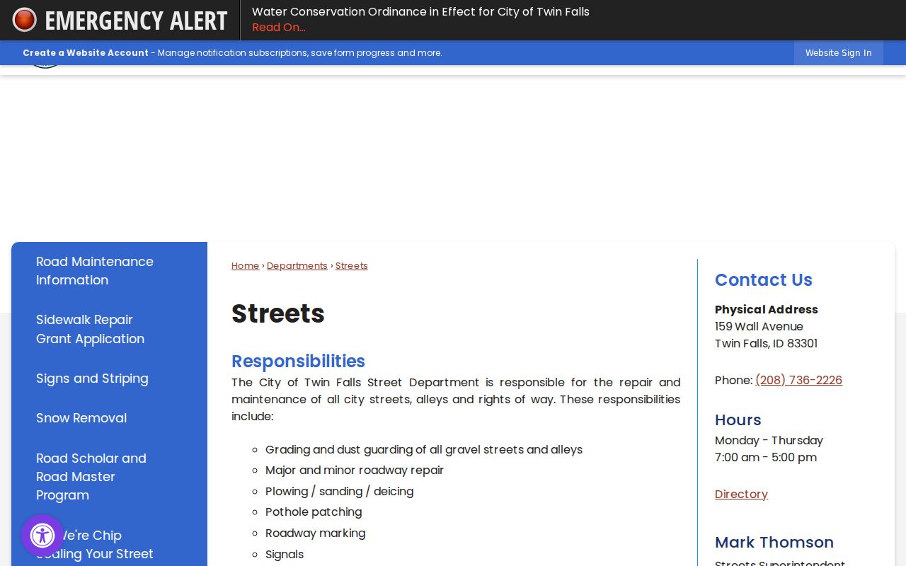 Twin Falls city streets and block context page