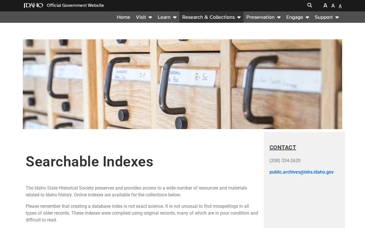 Idaho State Historical Society searchable historical resident indexes