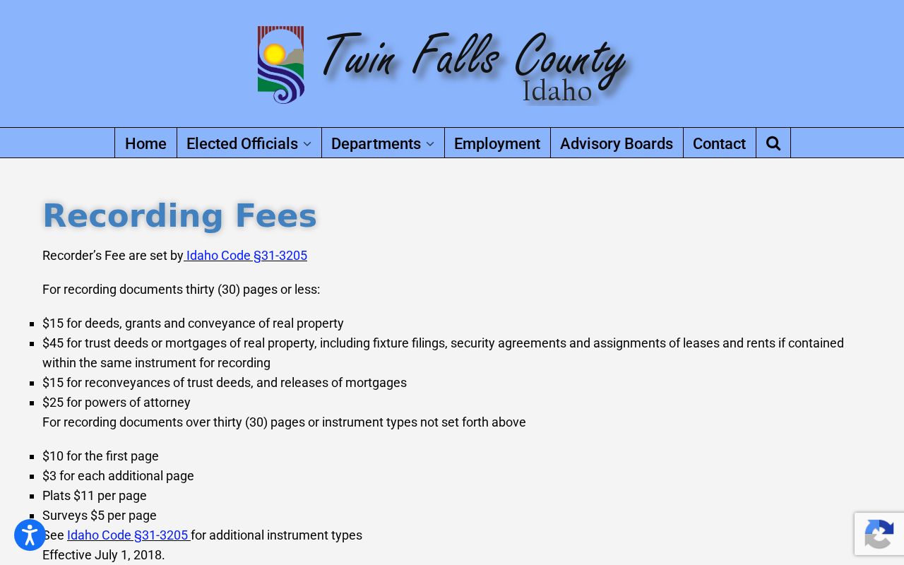 Twin Falls County Clerk recording fee page for deed and instrument requests