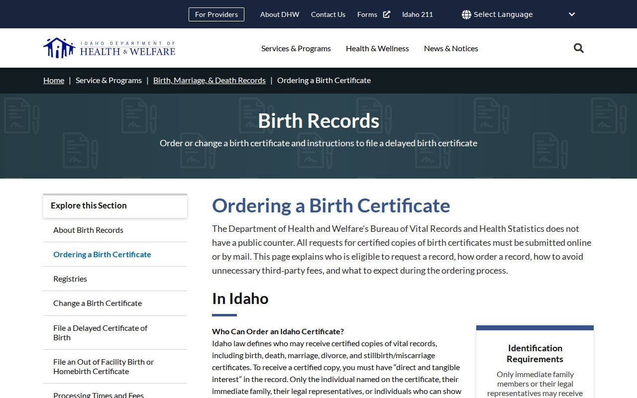 Idaho birth certificate eligibility and ordering information